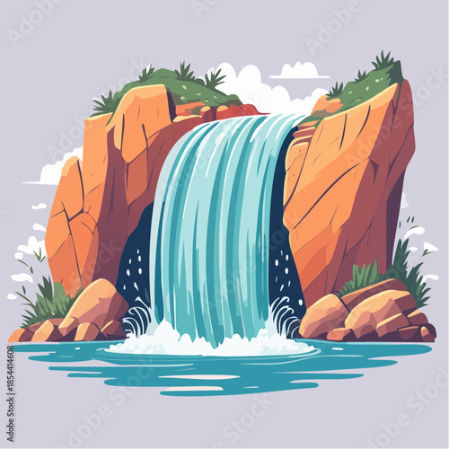 Cartoon waterfall cascading over rocks into a pool of water.