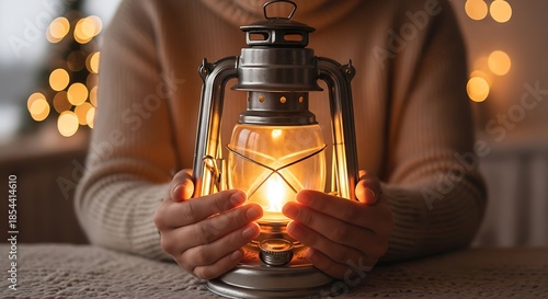 Close-up of a person's hands gently holding a vintage oil lantern, casting a warm and comforting glow in a cozy, softly lit environment