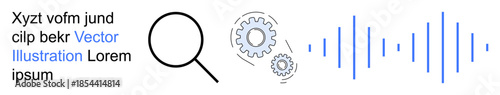 Data analysis, process optimization, search function, sound processing, communication design, digital technology systems. Magnifying glass with gears and sound waves. Data analysis and process