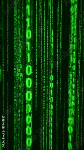 Abstract Green Binary Code Descending in Digital Rain Against a Dark Background