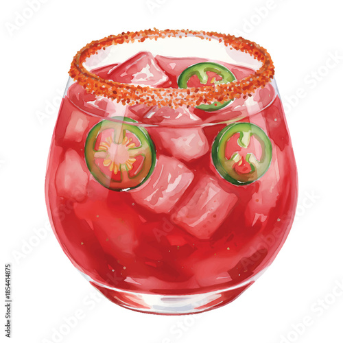 Watermelon Jalapeño Margarita Cocktail Watercolor Vector Illustration Isolated on White Background

