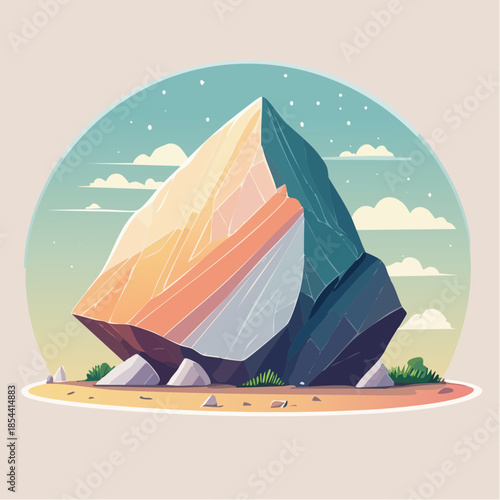 Cartoon illustration of a large, colorful rock formation with a sky and cloud background.