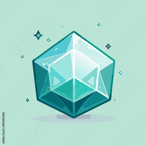 Stylized teal crystal with internal facets and sparkles on a light teal background.
