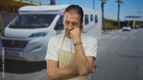 Blond man in apron resting hand on chin on calm sunlit empty street in front of camper van; reflection.