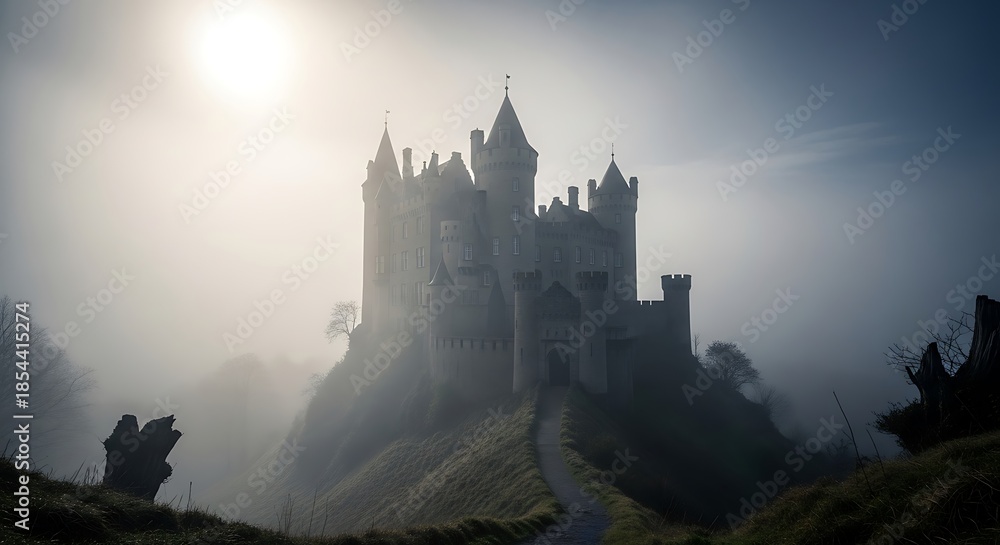 Obraz premium Mysterious castle on a foggy hilltop.