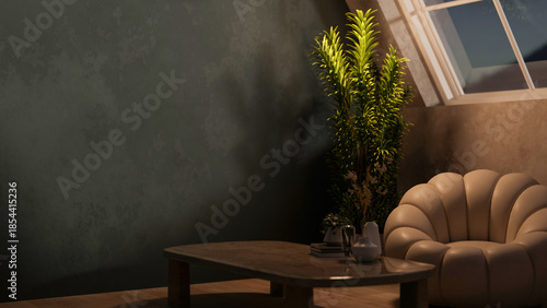 Fotografie Books and vase on wooden table aside leather flower sofa chair and houseplant in dim lit attic room