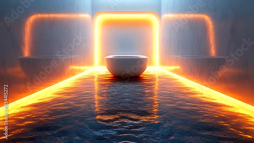 Modern minimalist interior with glowing elements and bowl