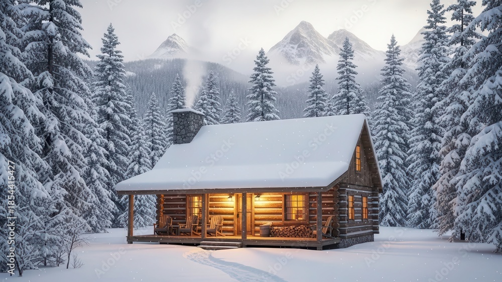 Fototapeta premium Cozy cabin in snowy forest