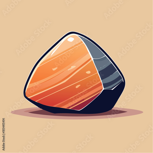 Stylized illustration of a gemstone with orange and gray facets on a beige background.