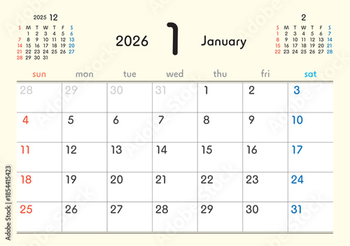 2026年 カレンダー 1月