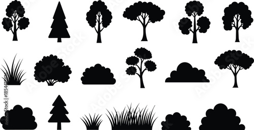 Silhouette of trees and plants, forest vegetation icons, natural landscape design, coniferous and deciduous trees, bushes and grass artwork