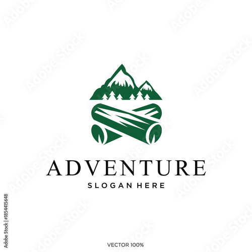 Adventure Logo with Mountains, Trees, and Logs