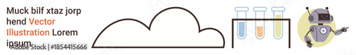 Cloud computing, artificial intelligence, innovation, robotics, chemistry, research concepts. Simplistic cloud, test tubes and a robot with tools. Cloud computing and artificial intelligence concept