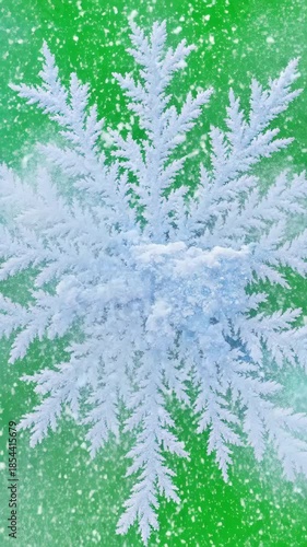 Macro Snowflake Detail Against Vibrant Green Background with Falling Snow Effect