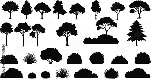 Silhouette of trees and plants, forest vegetation illustration, natural landscape design, coniferous and deciduous trees, bushes and grasses artwork