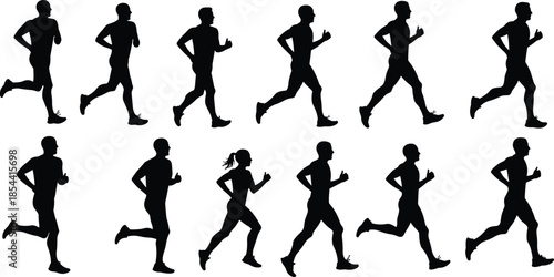 Running silhouettes in two rows, male and female athletes, dynamic motion illustration, sports science artwork, physical education design art