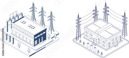 Isometric Building Illustration Set with Modern House Surrounded by Pine Trees Line Vector Design