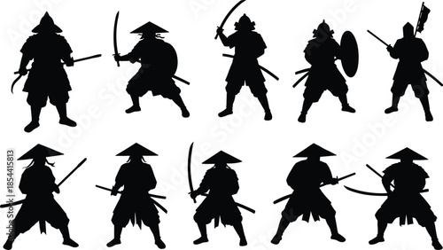 Samurai warrior silhouettes, Japanese fighters, black and white, katana poses, martial arts stances, traditional armor, cultural illustration, combat design