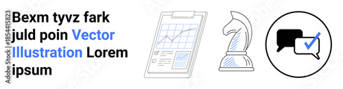 Business strategy, data analysis, decision-making, professional communication, corporate planning, productivity tools. Includes charts, a chess knight and a chat icon with a check mark. Business