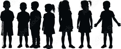 Silhouette of children standing in row, kids group illustration, childhood posture study, body language, youth silhouettes, educational design elements