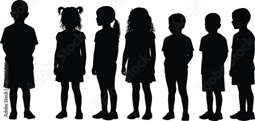 Silhouette of children standing in row, kids group illustration, childhood posture study, body language, youth silhouettes, educational design elements