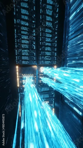 Futuristic Neon Cityscape With Glowing Blue Light Streaks and Cubes