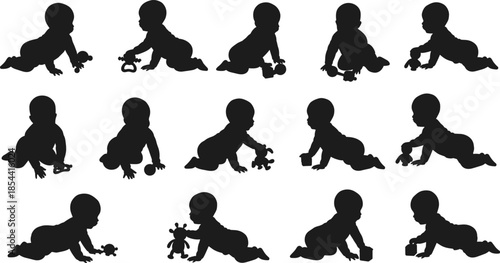 Silhouette of cute baby crawling and playing with toys, adorable infant learning movement, child development, early growth, childhood curiosity, happiness.