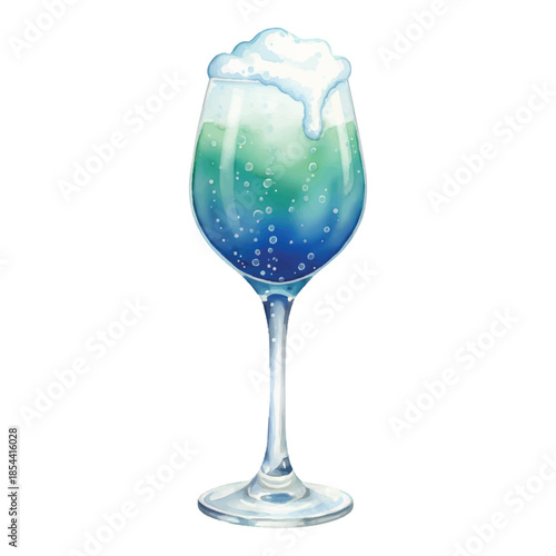 Turquoise Ocean Fizz Cocktail Watercolor Vector Illustration Isolated on White Background
