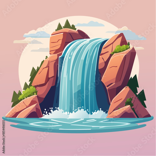 Cartoon illustration of a waterfall cascading over rocks into a pool of water.
