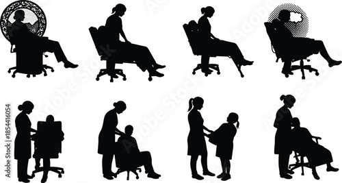 Silhouette of dentist and patient in dental clinic, medical treatment, oral care, and consultation illustration on white background artwork