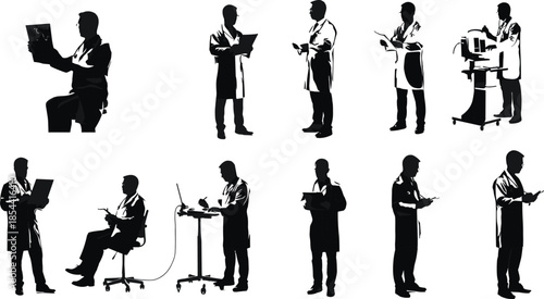 Silhouette of doctors and medical professionals working with laptop, tablet, and medical equipment, healthcare teamwork illustration, hospital medicine concept.