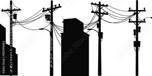 Silhouette of urban street electric poles with transformers and cables, city buildings, power lines, voltage infrastructure, and electricity distribution system