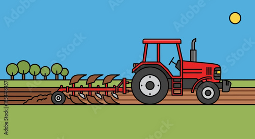 Red tractor plowing a field with a plow under a clear blue sky and sun