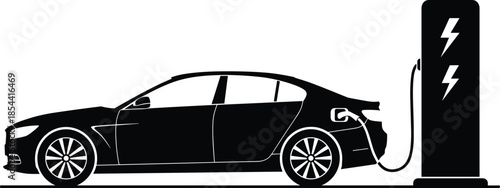 Silhouette of electric car charging at station, eco transport illustration, black outline design, sustainable energy concept, abstract green mobility art