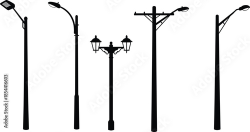 Silhouette of various street light poles and electric utility pole, urban outdoor lighting, power line structure, and vintage lamp design