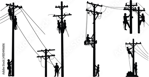 Silhouette of electrical linemen repairing power lines on tall utility poles, teamwork, maintenance, electricity service, outdoor job, energy infrastructure, safety.