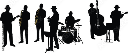 Silhouette of jazz band musicians playing drums, saxophone, guitar, piano, and double bass, perfect for live music vector illustration.