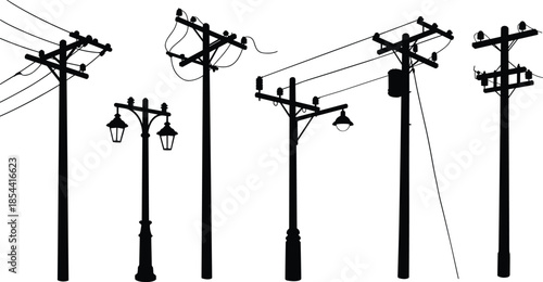 Silhouette of vintage street lamps and electric utility poles with power lines, urban infrastructure illustration, black and white vector design art