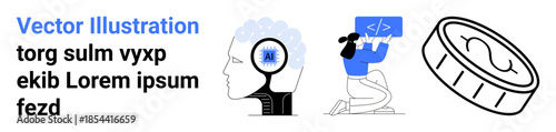 Artificial intelligence, coding, brain activity, technology, crypto economics, data science. Human head with a brain, woman coding cryptocurrency coin image. Artificial intelligence and coding