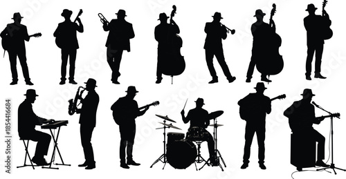 Silhouette of jazz musicians playing instruments including drums, saxophone, guitar, trumpet, and piano, perfect for music and performance vector design.