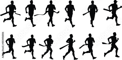 Silhouette of male runner crossing finish line, athletic race motion sequence, marathon running action, sports competition, fitness and victory concept.