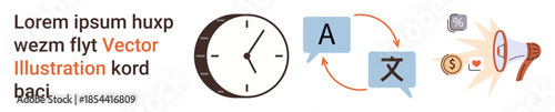 Language learning, translation tools, global communication, time management, finance apps, business efficiency. Clock and arrows connecting icons for translation and money. Translation tools and time