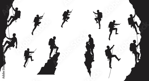 Silhouette of mountain climbers with ropes and gear scaling cliffs, adventure sport, teamwork and outdoor hiking challenge on white background