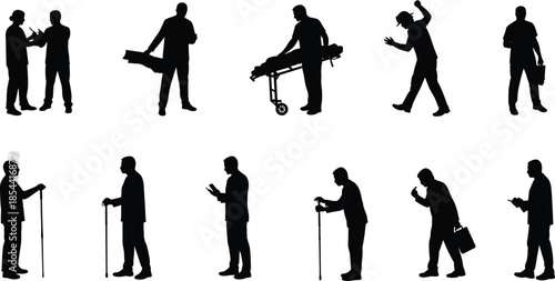 Silhouette people, business professional, musician guitarist, dancer performer, medical emergency stretcher, elderly with cane, mobile phone user, 