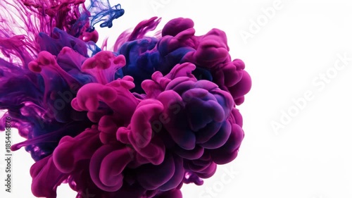 Vibrant Pink and Blue Ink Swirling in Water on White Background.