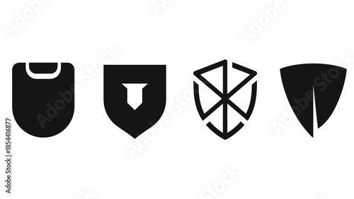 Set of diverse shield icons representing protection security and strength in minimalist black and