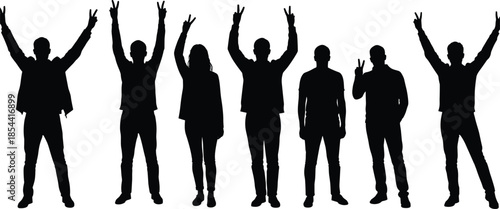 Silhouette people standing, peace sign gesture, group unity, individuality concept, teamwork illustration, family together, diversity expression, abstract art, lifestyle posture, freedom