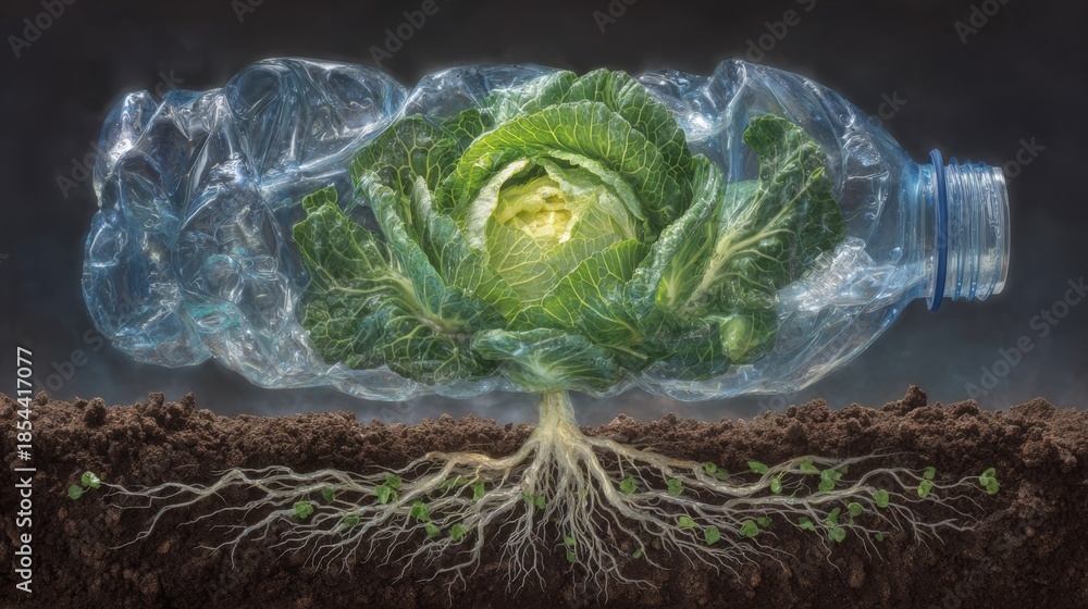 Obraz premium Surreal cabbage plant sprouting through a transparent plastic bottle with roots in rich soil, symbolizing sustainability, pollution, and the clash between nature and waste.