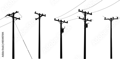 Silhouette of multiple electric poles with power lines and transformers on white background, electricity distribution infrastructure for industrial design