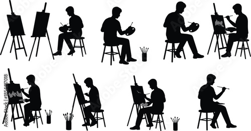 Silhouette sequence of artist painting on canvas, creative art process illustration, people with brushes and palettes, artistic expression activity